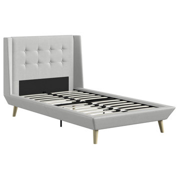 Scandinavian Platform Bed, Splayed Legs & Tufted Headboard, Light Gray, Twin