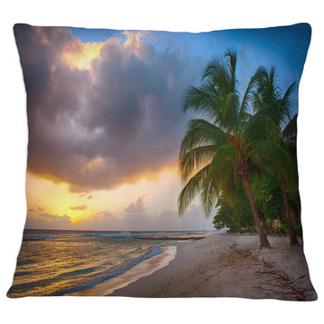 Beautiful Beach with Palms in Barbados Modern Seascape Throw Pillow, 18"x18"