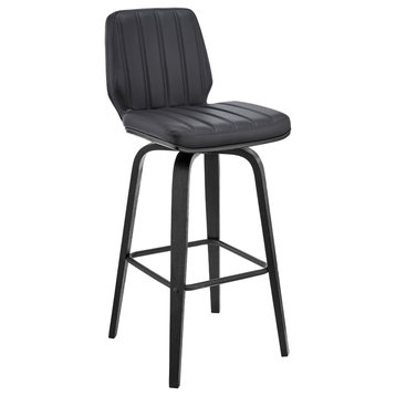 Renee Swivel Faux Leather and Wood Bar Stool, Gray and Black, Bar Height
