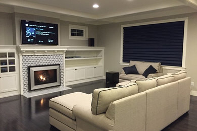 Living room - mid-sized traditional formal and open concept dark wood floor living room idea in Seattle with white walls, a standard fireplace, a stone fireplace and a wall-mounted tv