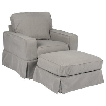 Sunset Trading Americana Box Cushion Fabric Slipcovered Chair & Ottoman in Gray