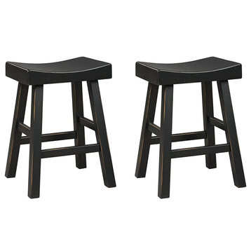 Set of 2 Bar Stool, Backless Design With Scooped Wood Seat, Black, Counter