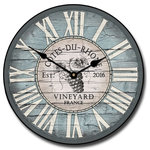 J. Tyler - Wine Clock Vintage Blue, 15" - Lovely Wine Barrel Lid Clock in a French blue has a distressed look with bold White Roman numerals.