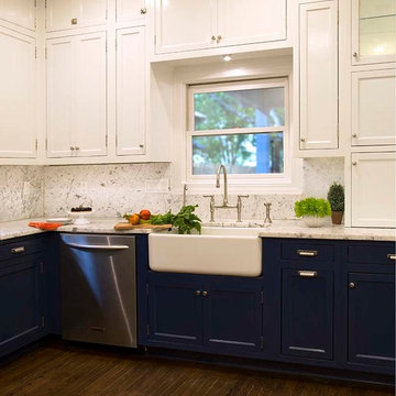 White Upper and Dark Blue Lower Cabinets in a Fantastic Kitchen