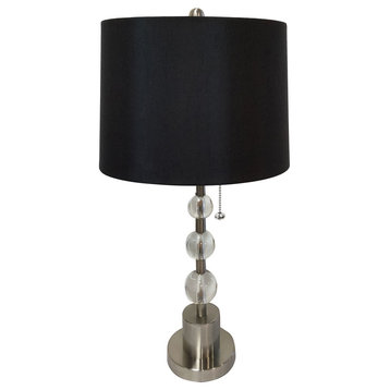 Brush Nickel Lamp with Crystal Ball Accents & Black Shallow Drum Hardback Shade