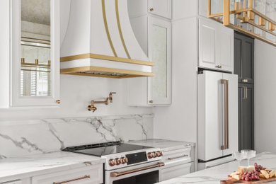 Eat-in kitchen - mid-sized transitional u-shaped dark wood floor, brown floor and wallpaper ceiling eat-in kitchen idea in Orlando with pink cabinets, quartzite countertops, white backsplash, white appliances, an island, white countertops, a drop-in sink, beaded inset cabinets and quartz backsplash