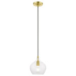 Livex Lighting - Aldrich 1 Light Satin Brass Pendant - This single light pendant suspends simply, and it's great solo over focus points or set in pairs or trios over long counter tops and islands. It is shown in a satin brass finish with clear glass.