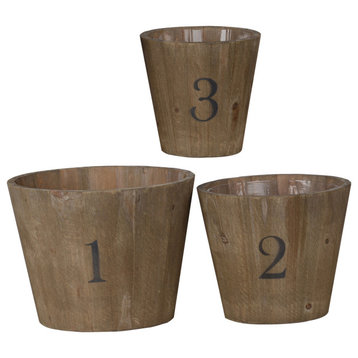 Wooden Planter With Round Base And Assorted Sizes, Set Of 3, Brown