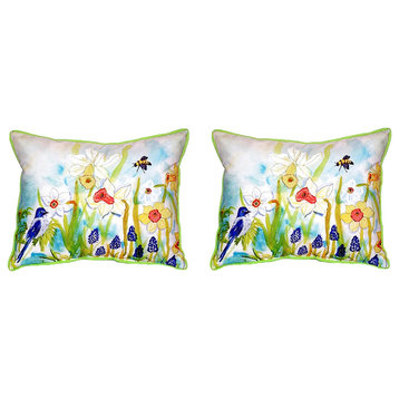 Pair of Betsy Drake Bird & Daffodils Indoor/Outdoor Pillows 12 X 12