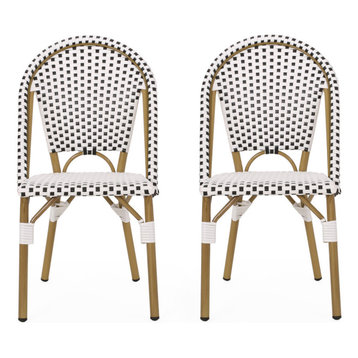 Baylor Outdoor French Bistro Chair, Set of 2, Black/White/Bamboo Print Finish
