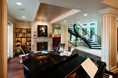 Inspiration for a mid-sized transitional formal and open concept living room remodel in Seattle with beige walls, a standard fireplace, a stone fireplace and no tv