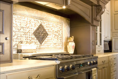 Huge elegant dark wood floor eat-in kitchen photo in Salt Lake City with raised-panel cabinets, beige backsplash, ceramic backsplash, stainless steel appliances, an island and brown cabinets