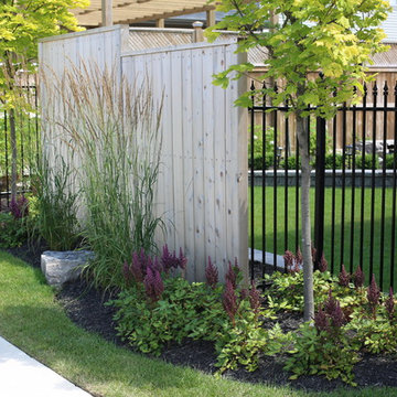 Cedar Fence with Trees and Ornamental Iron