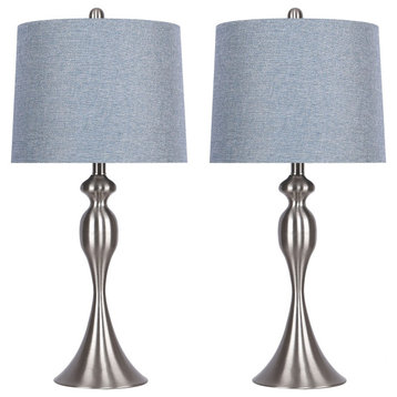 27" Curvy Brushed Nickel Table Lamps, Dusty Blue Textured Linen Shades, Set of 2