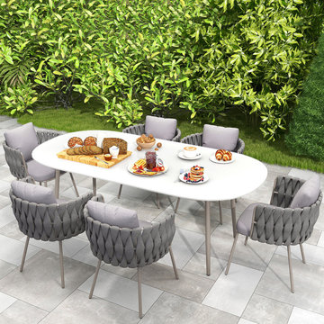 7 Pieces Outdoor Dining Set with Oval Faux Marble Top Table and Rope Woven Armch