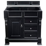 James Martin Vanities - Brookfield 36" Antique Black Single Vanity - The Brookfield 36" Antique Black vanity by James Martin Vanities features hand carved accenting filigrees and raised panel doors. One door opens to shelves for storage below and two drawers, made up of a lower double-height drawer and a middle standard drawer, offer additional storage space. The look is completed with Antique Brass finish door and drawer pulls. Matching decorative wood backsplash is included.
