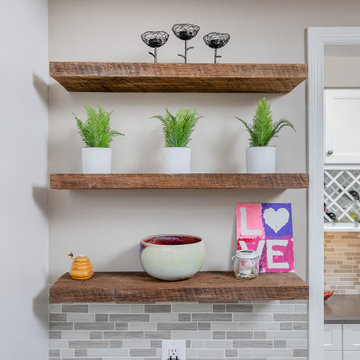 Kitchen with White Shaker Cabinetry (and WIne Rack & open shelving)