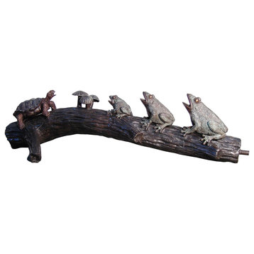 Frogs and Turtles On a Log Bronze Sculpture