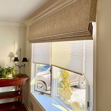 Roman Shade Valance using Unique Fabrics over Alta Window Fashions Honeycomb Sha