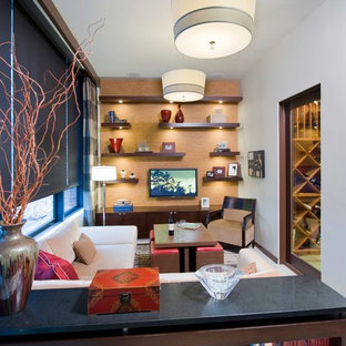 Foto di un piccolo soggiorno minimal chiuso con TV a parete, sala giochi, pareti bianche, pavimento in cemento, nessun camino e pavimento grigio