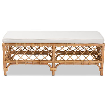 Steele Modern Bohemian Rattan Collection, White/Natural Brown, Bench