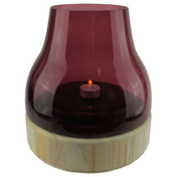 9.75" Storm Bubble Glass Pillar Candleholder With Wooden Base, Purple