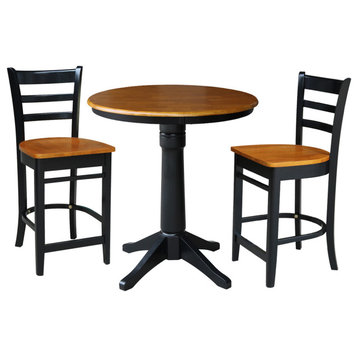 36" Round Pedestal Gathering Height Table With 2 Emily Counter Height Stools, Black / Cherry