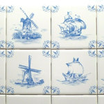 Mottles Murals Ceramic Tiles - Light Blue Nautical Delft Design Ship Windmill Set of 8 of 4.25" Ceramic Tiles - Light Blue Nautical Delft Design Ship Windmill Set of 8 of 4.25" Ceramic Tiles