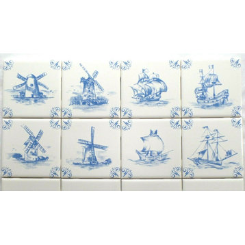 Light Blue Nautical Delft Design Ship Windmill Set of 8 of 4.25" Ceramic Tiles