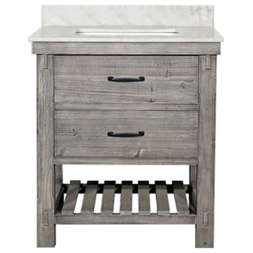 Single Fir Sink Vanity Driftwood With Arctic Pearl Quartz Marble Top, Gray, 30"