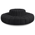 Meridian Furniture - Arc Upholstered Outward Curved Modular Sectional, Black, 8-Piece: 8 Reverse Corner, Vegan Leather - Unleash modern opulence with the Arc Vegan Leather 8pc. Sectional. Crafted for the modern connoisseur, this Sectional injects an air of refined luxury into any space. Its sleek silhouette, upholstered in supple black vegan leather, exudes timeless sophistication while the deep channel tufting adds textural intrigue, further elevating the chair's visual appeal. The modular design makes it a versatile chameleon, effortlessly adapting to your evolving needs and preferences. Whether you envision it gracing a chic living room corner, basking in the glow of a bedroom window, or adding a touch of drama to a home office, the Arc seamlessly complements your unique interior aesthetic.