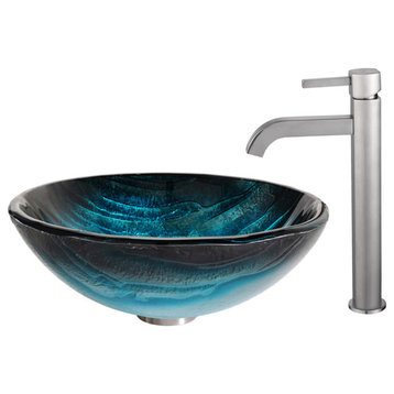 Glass Vessel Sink, Bathroom Ramus Faucet, PU Drain, Mounting Ring, Nickel