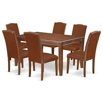 7 Pieces Dining Set, Rectangular Table With Brown PU Leather Cushioned Chairs