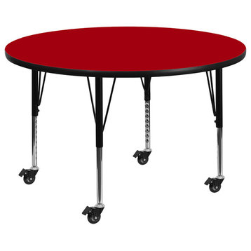Mobile 48'' Round Red Thermal Laminate Activity Table-Adjustable Short Legs