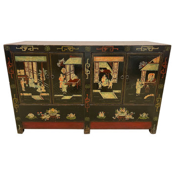 Consigned 19th Century Antique Chinese Color Painted Twin Cabinet, Sideboard