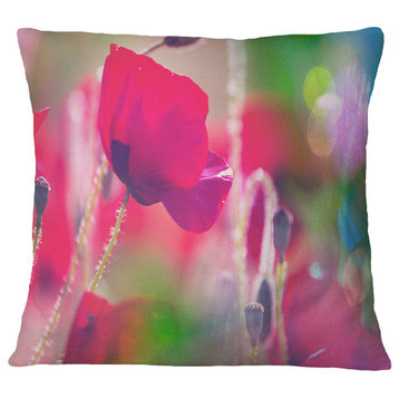 Close Up View of Red Poppy Flowers Floral Throw Pillow, 18"x18"