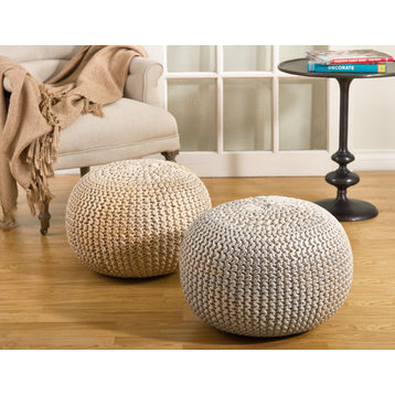 Cotton Twisted Foil Print Rope Pouf, Silver