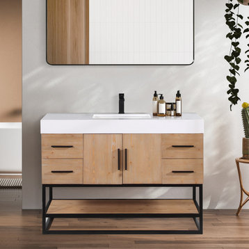 Bianco Bathroom Vanity Composite Stone Top, Light Brown/Matte Black, 48d", Without Mirror