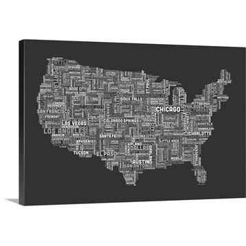 United States Cities Text Map, Grey Wrapped Canvas Art Print, 18"x12"x1.5"