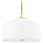 Hudson Valley Lighting - White Plains 3-Light Pendant Aged Brass - A classic shape with luxury details, White Plains is the perfect piece for transitional interiors. The clean, crisp white linen shade blends beautifully with the sleek solid brass metalwork and natural wrapped rattan for a look that is warm yet modern. Choose from a sconce, semi-flush, pendant and linear in an Aged Brass finish.