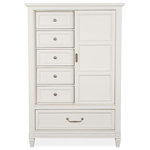 Magnussen - Magnussen Willowbrook Door Chest in Egg Shell White - Charming and chic, Willowbrook combines a soft and casual Egg Shell White finish with classic forms to create a soothing atmosphere that relaxes mind and body. Create a serene setting with vintage silhouettes featuring breakfront shaping on the dresser, panel bed headboard and mirror, and tarnished silver hardware including a decorated knob and elegant bail pull. Crafted of Birch Veneer and Hardwood Solids with a subtle gray wash over the creamy finish, Willowbrook is at home in settings from cottage to coastal and from traditional to soft modern. The stunning panel bed has a storage footboard option with two drawers and a wood-framed upholstered headboard. Three nightstand options are offered including a two-drawer nightstand, one-drawer nightstand with two shelves, and a door bachelor's chest. The functional door chest has a sliding wood door with wood shelves behind, five left drawers with felt-lined top drawers and one bottom drawer. From beaches to the countryside, and from mountain valleys to suburban trails, Willowbrook is a relaxing destination for the end of each day's journey.
