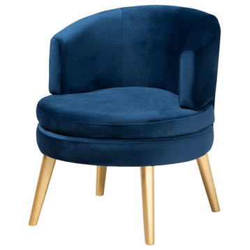 Davina Glam Luxe Navy Blue Velvet Fabric and Gold Wood Accent Chair