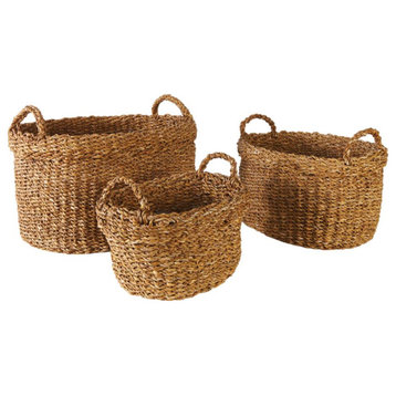 Set 3 Woven Sea Grass Oval Handles Storage Baskets 22 19 15 in Natural Spa Towel