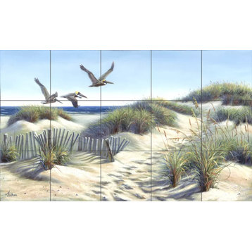 Tile Mural, Pelican Trio by Mary Erickson, 17" X 8.5"   (8 Tiles)