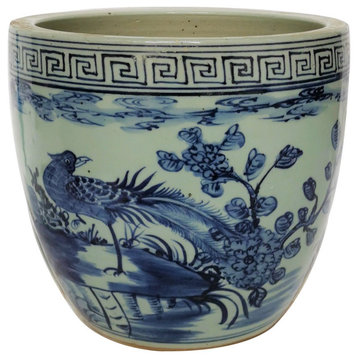 Blue & White Porcelain Pheasant Flower Planter With Greek Symbol