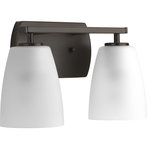 Progress Lighting - Leap 2-Light Bath Sconce - Leap vanity fixtures feature tapered etched glass shades to complement contemporary design trends. Uses (2) 100-watt medium bulbs (not included).