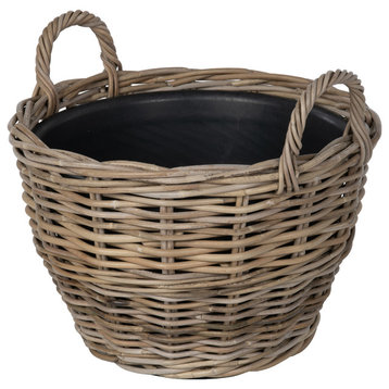 Rattan Kobo Indoor/Outdoor Planter Basket, Ear Handles and Plastic Pot, Large