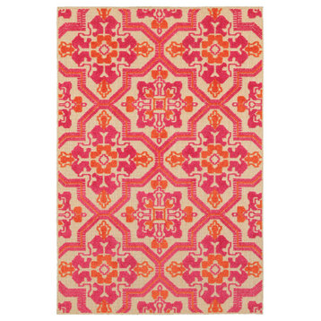 Costa Ornate Floral Medallions Sand and Pink Indoor/Outdoor Rug, 7'10"x10'10"