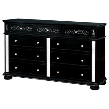 Traditional 6 Drawer Dresser, Carved Details & Mirrored Accents, Black Finish