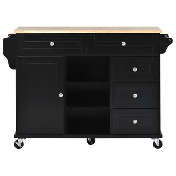 Multifunctional Rubber Wood Desktop Kitchen Cart, Adjustable Shelves, Black